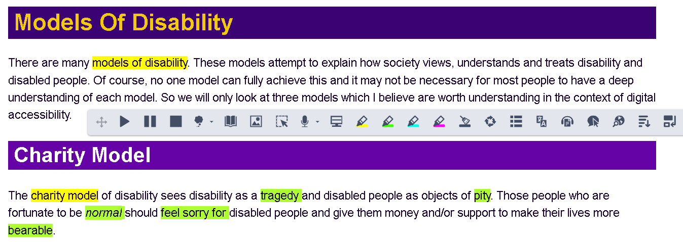 Webpage with various words highlighted in yellow and green