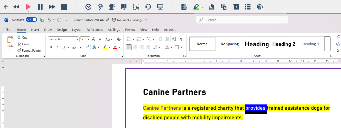 Toolbar above a document, play button is red and a paragraph of the document is highlighted