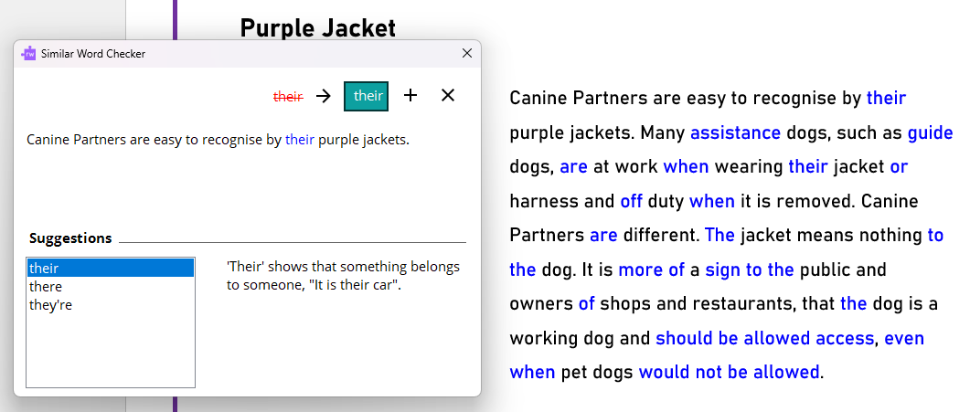 Document with words highlighted and a pop-up showing three different spellings of there