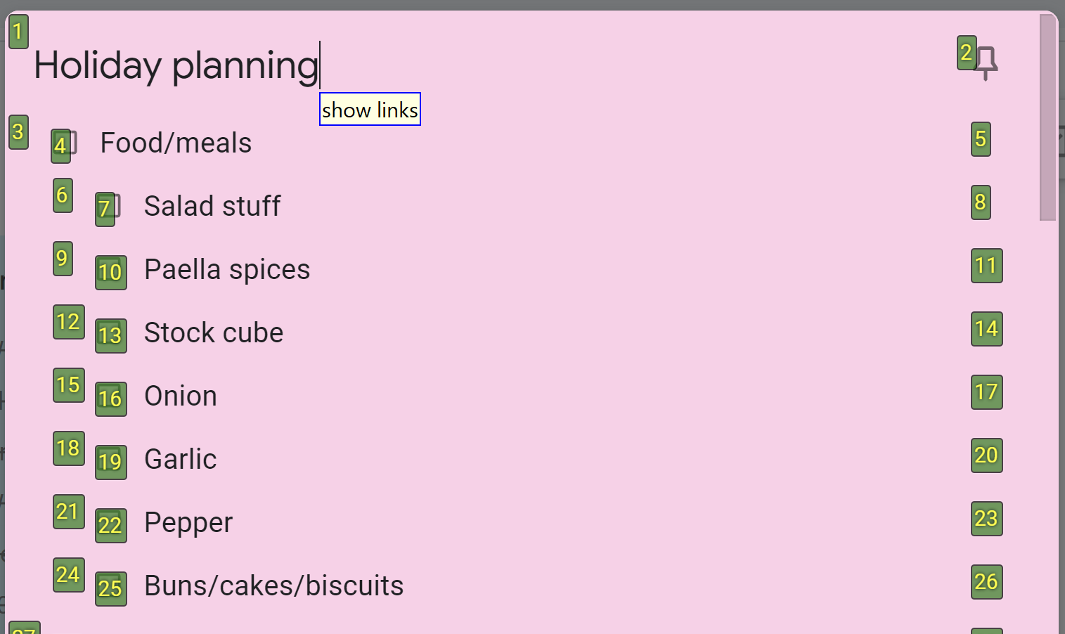 Screenshot of part of Google Keep list showing food items for packing.
