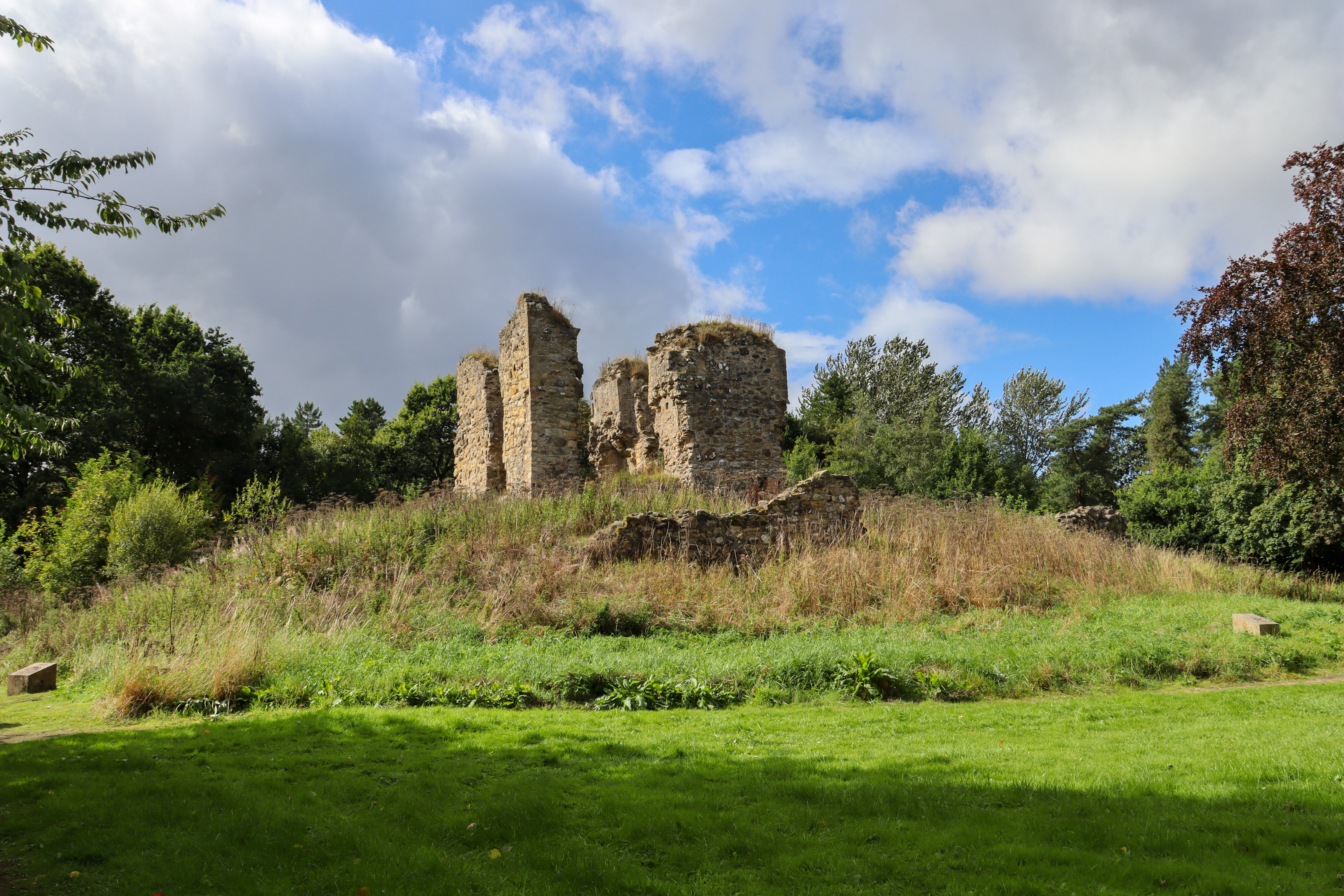 Very ruined castle on a little hill, completely overgrown.