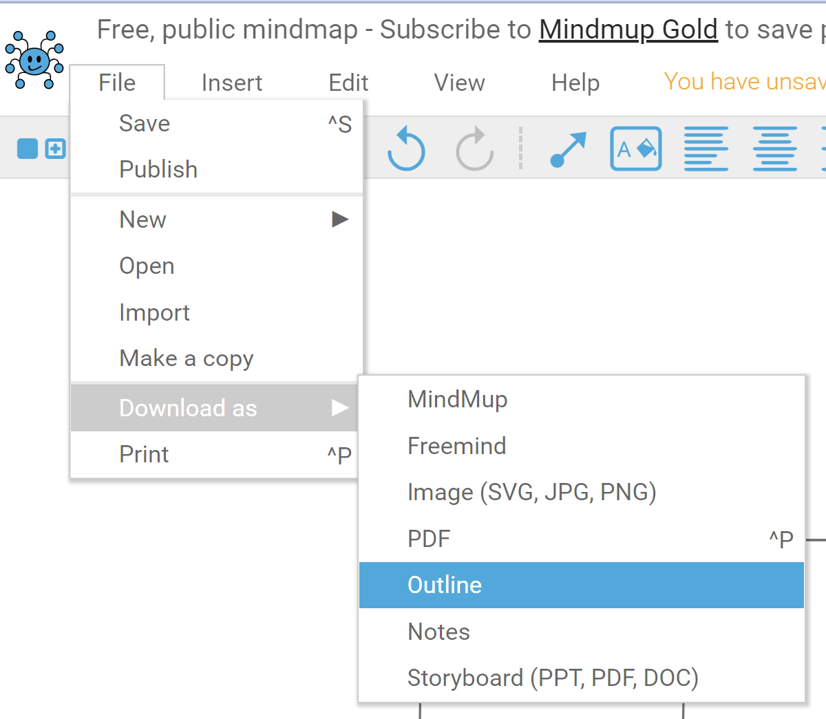 File menu, showing how to export to outline.