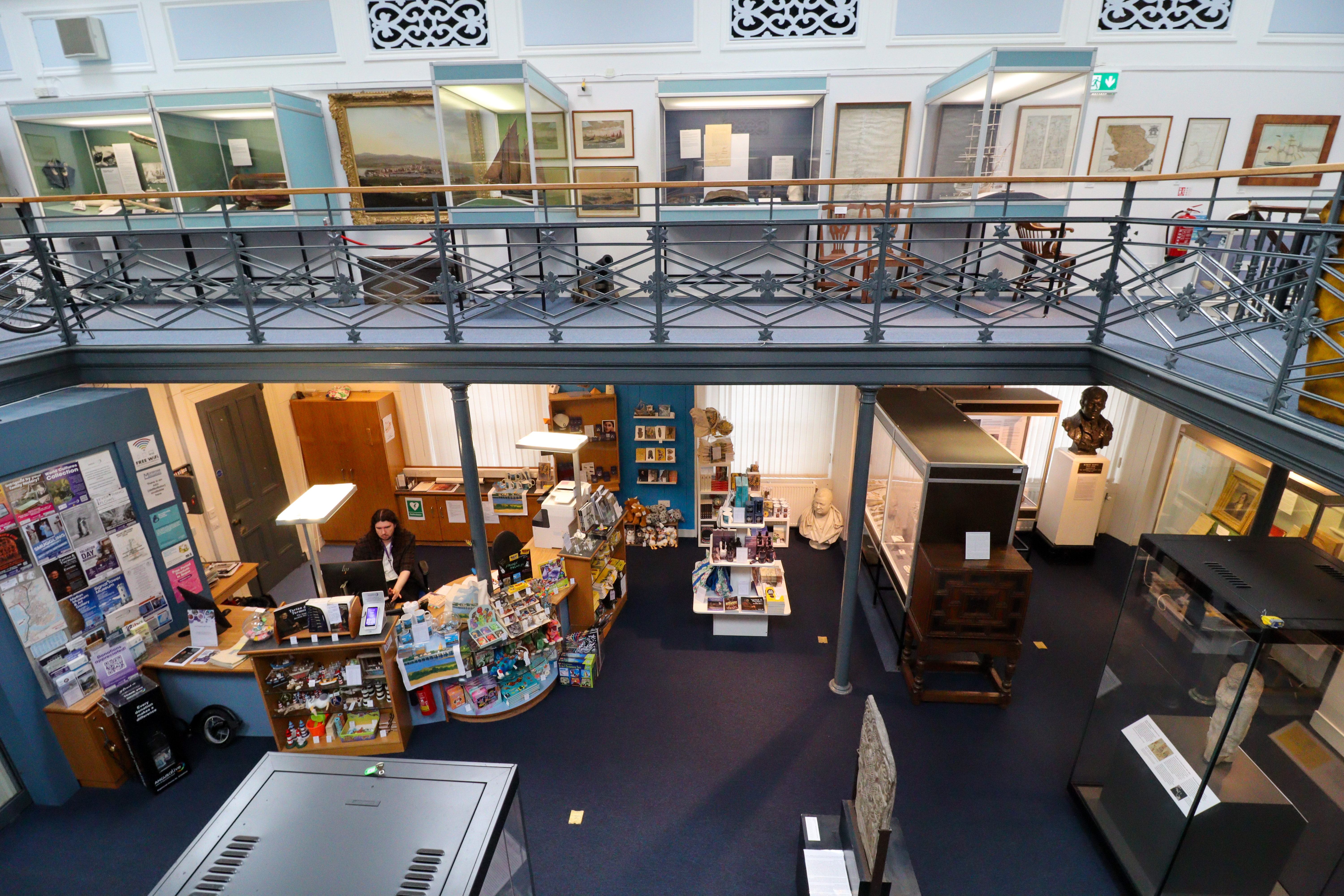 View from upper balcony showing the ground floor and first floor exhibitions