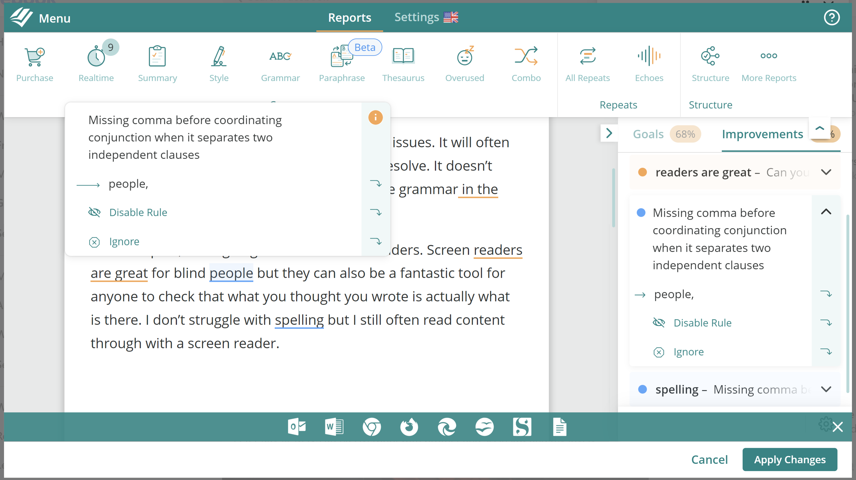 ProWriting editor with different issues highlighted and information given in a separate pane.