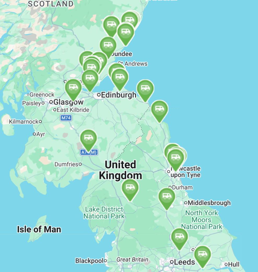 Map of Northern England and Scotland with multiple place markers showing the different places the motorhome was parked.