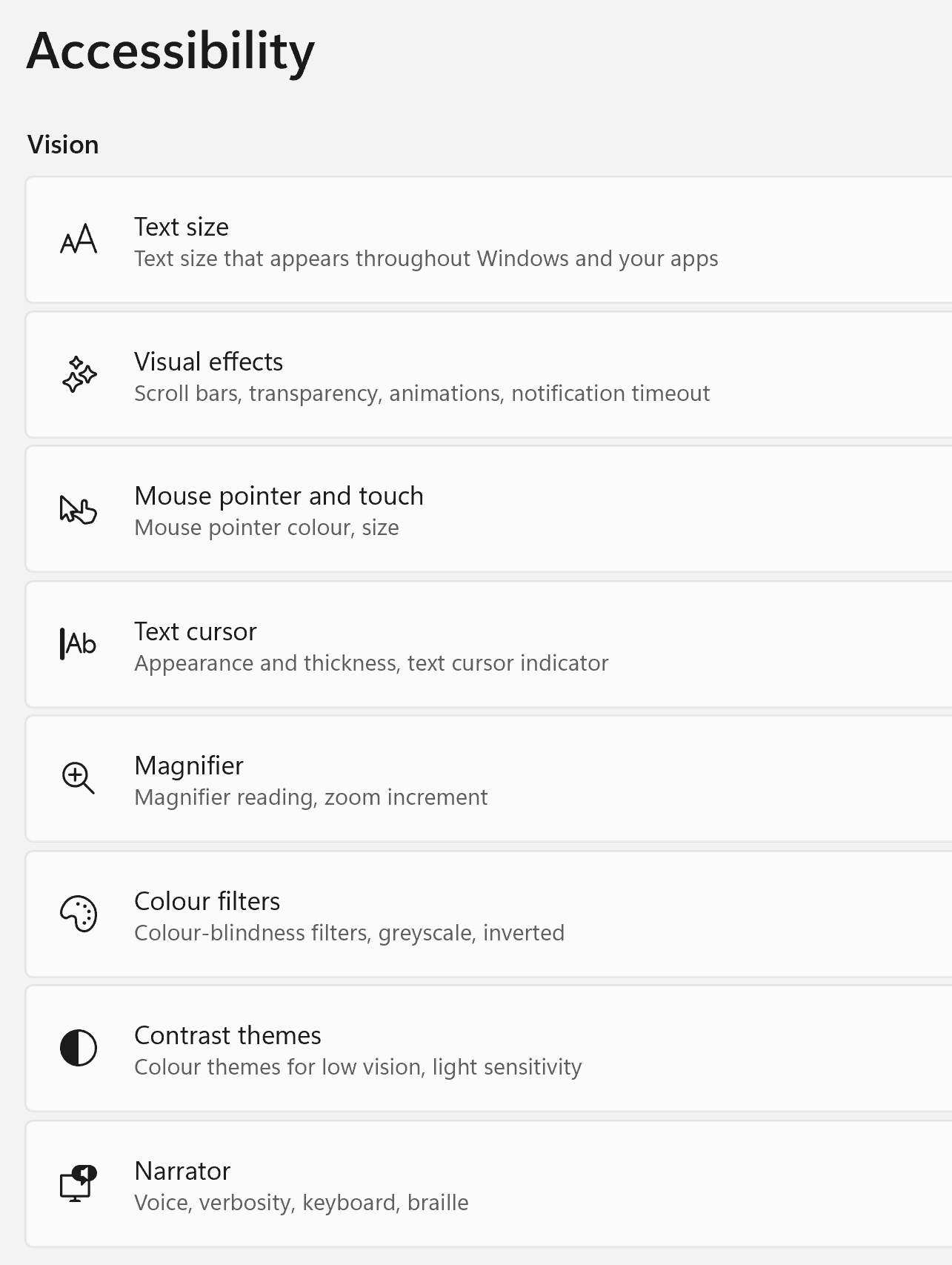 Windows 11 accessibility settings, which will be explained next