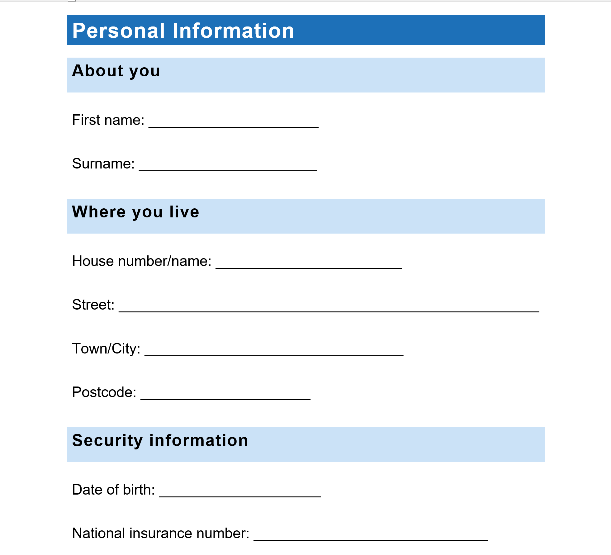 Screenshot of form in Word, with form fields and a line after each one.