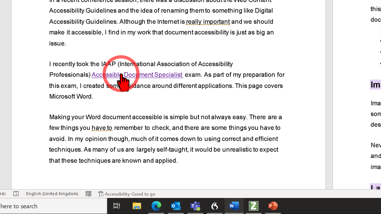 Word document with red hand pointer with red circle round it, pointing to link