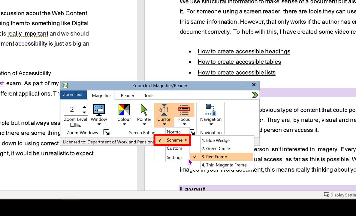ZoomText toolbar with cursor menu open