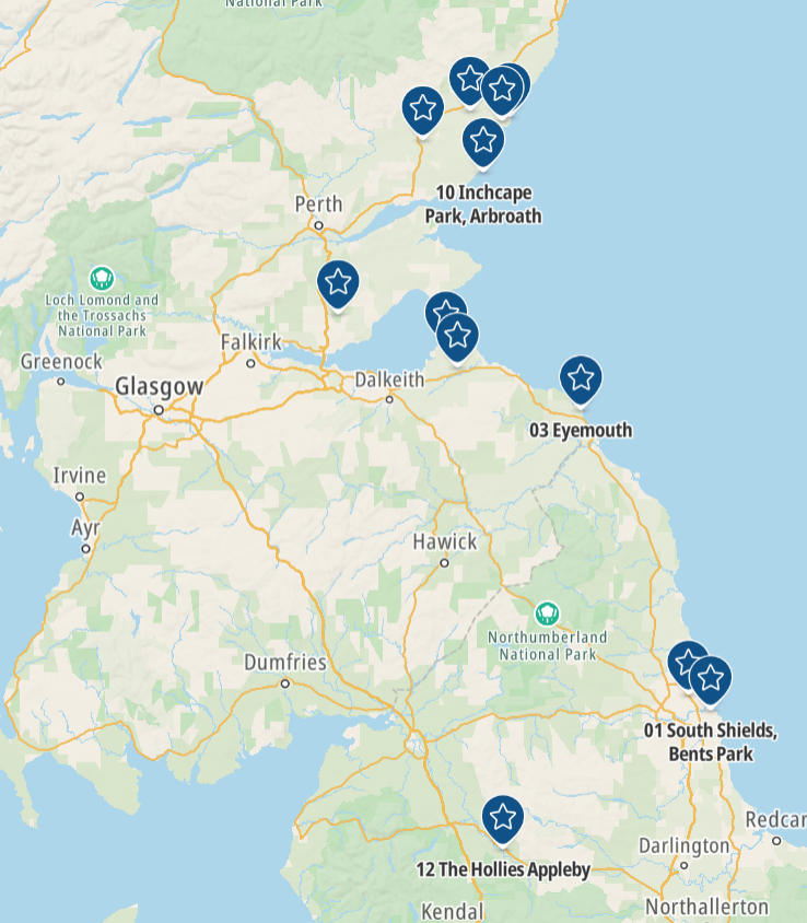 Map of the North of England and Scotland, with destinations marked.