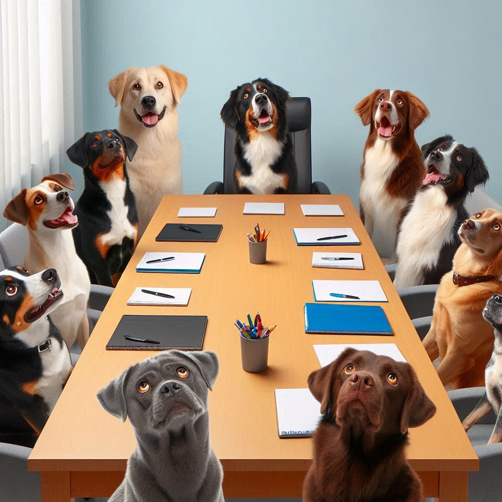 11 dogs gathered around a table in a meeting, all hilariously looking up at the ceiling instead of focusing!