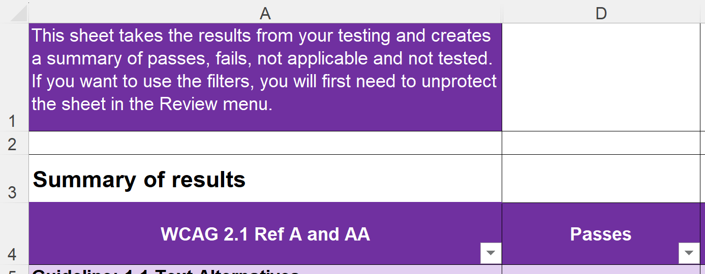 Screenshot of cell A1, explaining what is on the sheet and how to interact with the content.