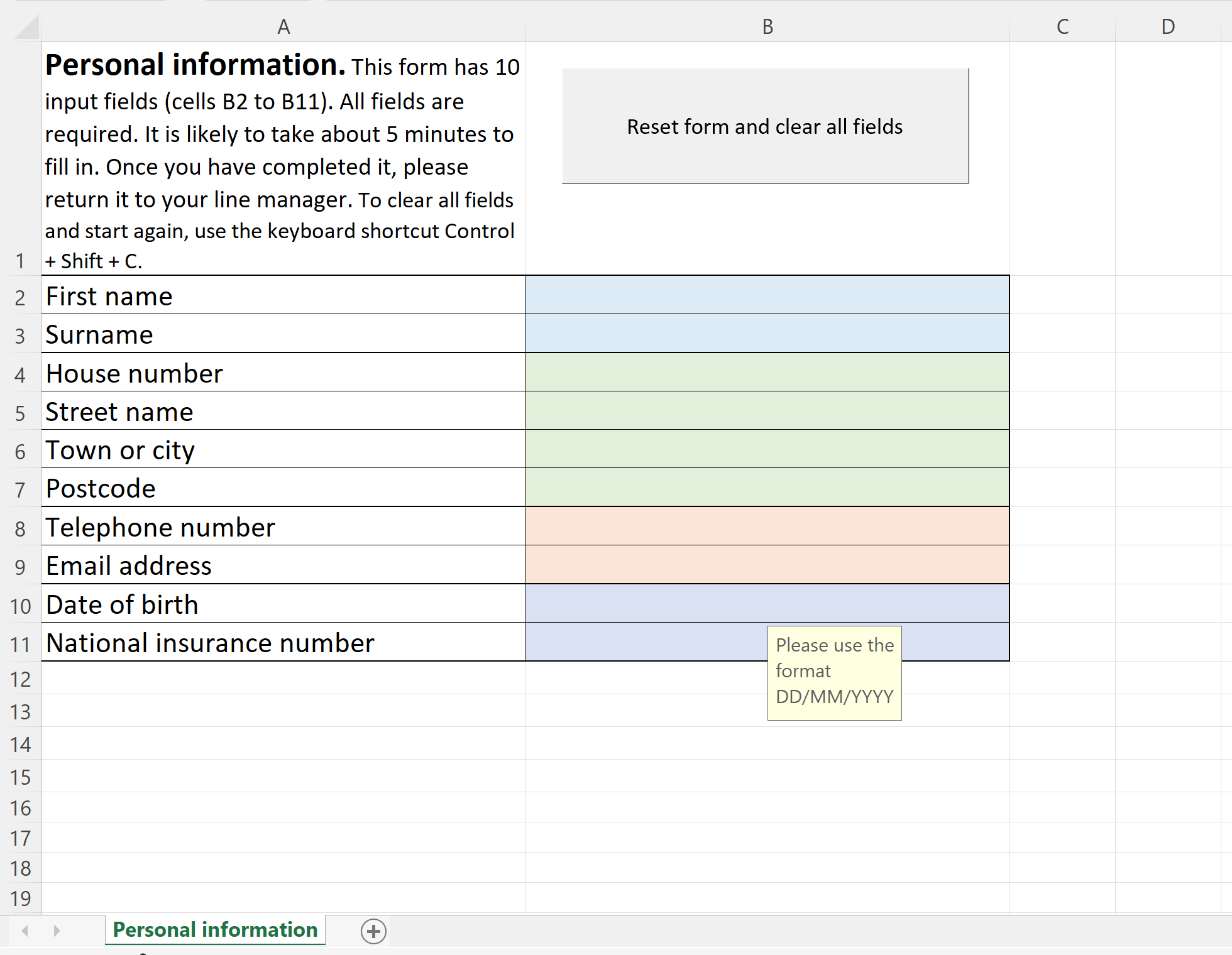 Screenshot of accessible form in Excel