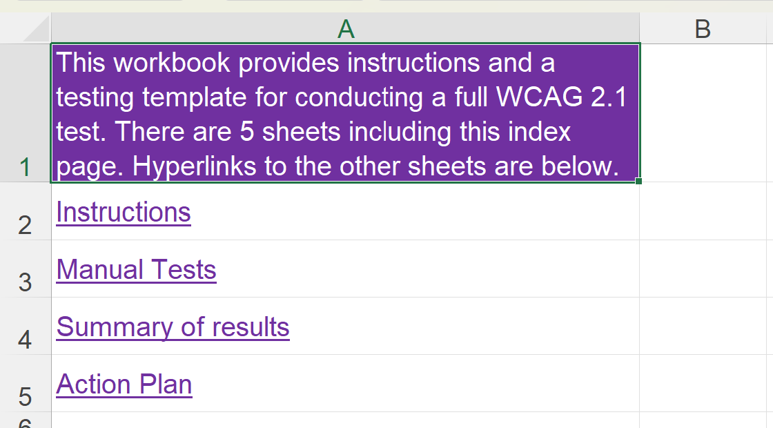 Screenshot of index sheet with information in cell A1 and four links to each of the other sheets.