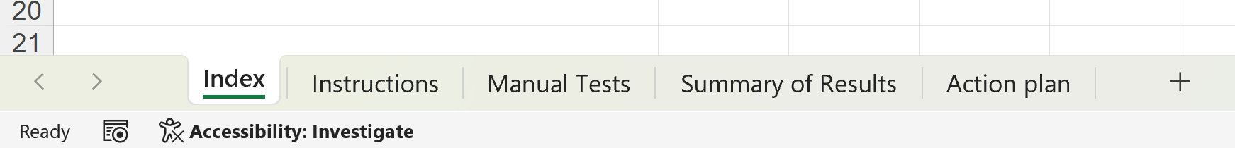 Screenshot of renamed sheets: index, instructions, manual tests, summary of results, and action plan.