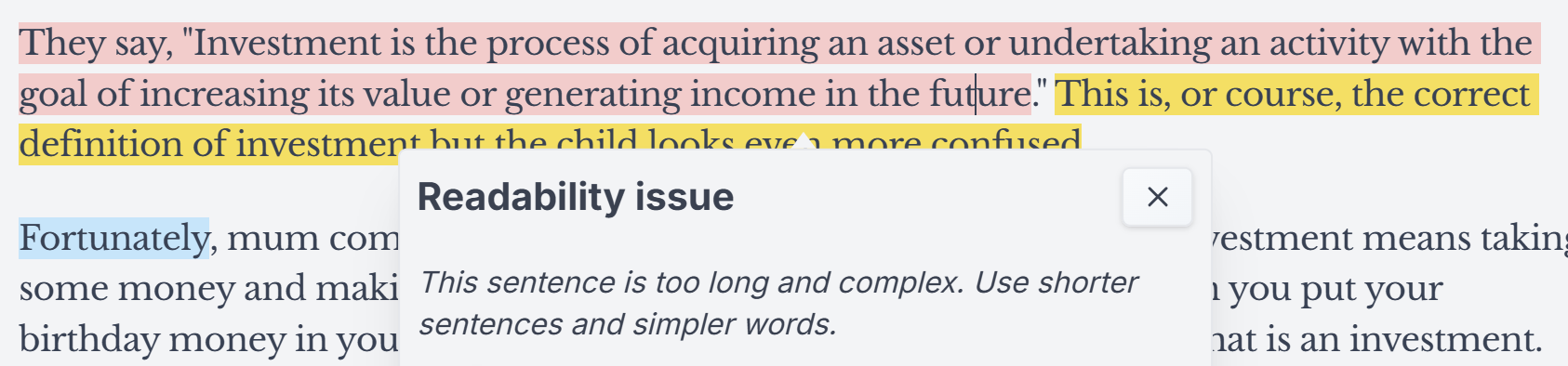 Investment sentence highlighted in pink with pop up saying that the sentence is too long and complex