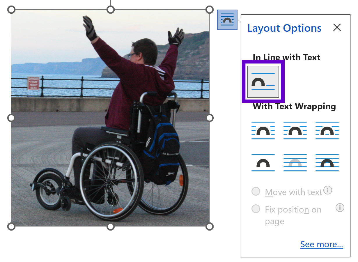 Photo of a wheelchair user with layout options open and inline with text selected.