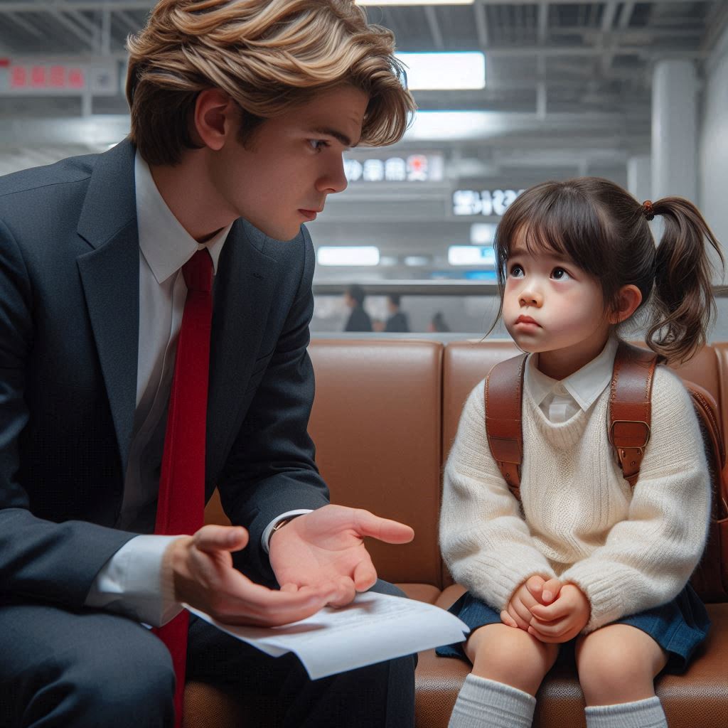 Young man in a suit, sitting on a seat with a little girl. She looks very confused.