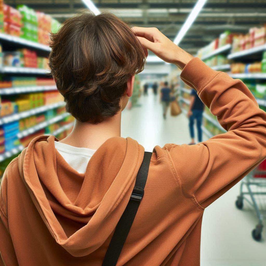 Back of young man, scratching his head, looking down an aisle in a supermarket