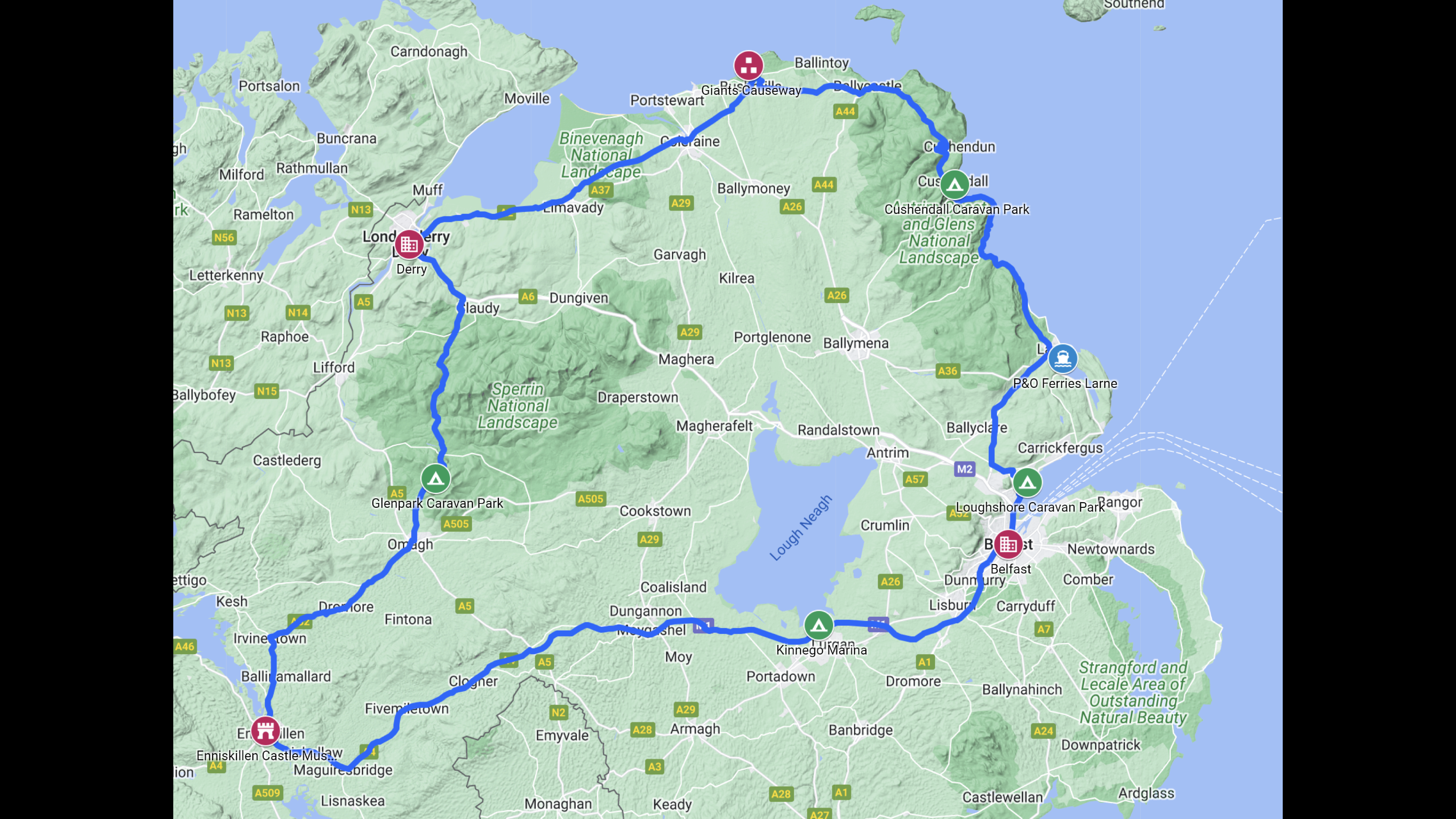Map of route around Northern Ireland, which will be explained throughout this post.