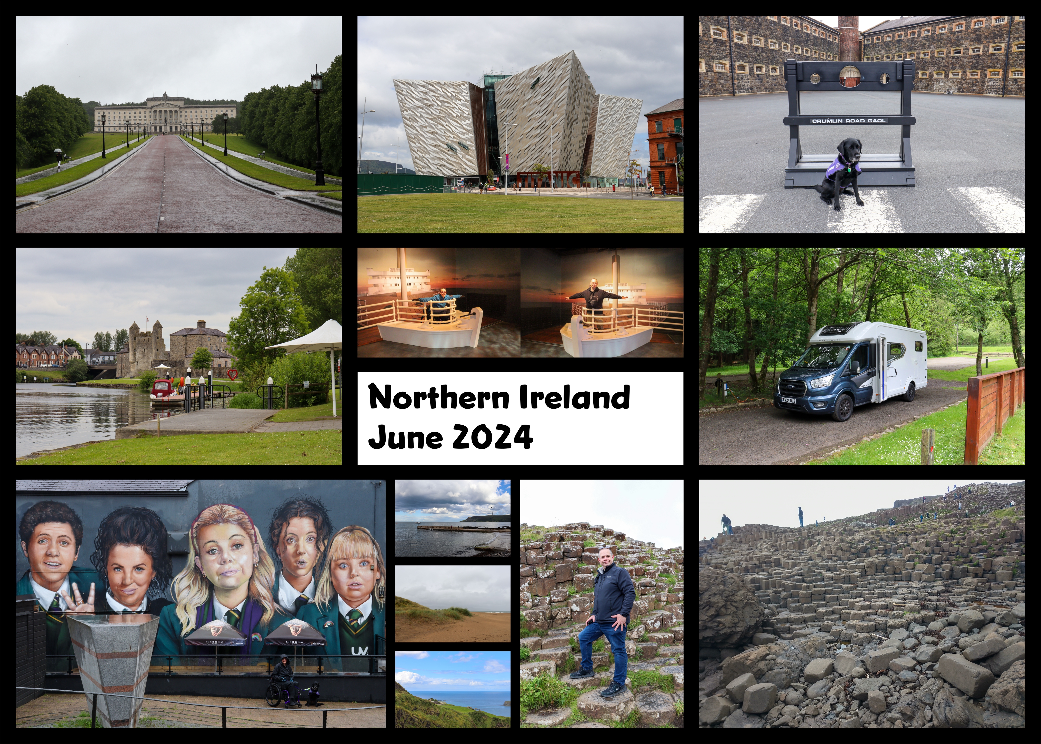 Collage of photos of Northern Ireland, June 2024, including: Stormont House, Titanic Belfast, Cremlin Road gaol, Enniskillen Castle, Derry Girls mural, our new motorhome, and the Giant's Causeway.