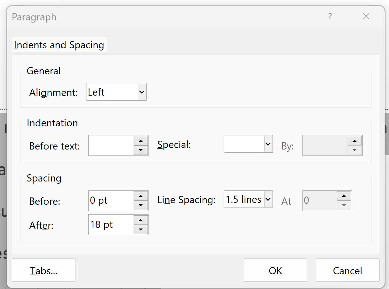 Paragraph settings box with line spacing set to 1.5 and 18 points of space after each paragraph
