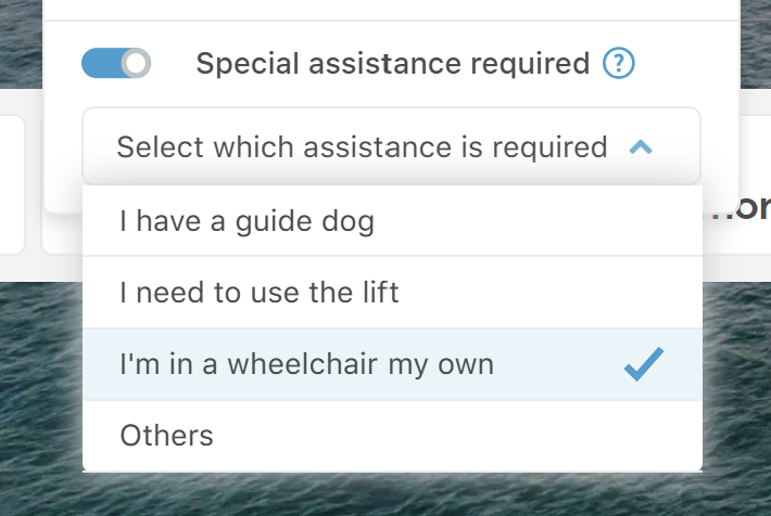 Screenshot of select which assistance is required drop down, showing three options.