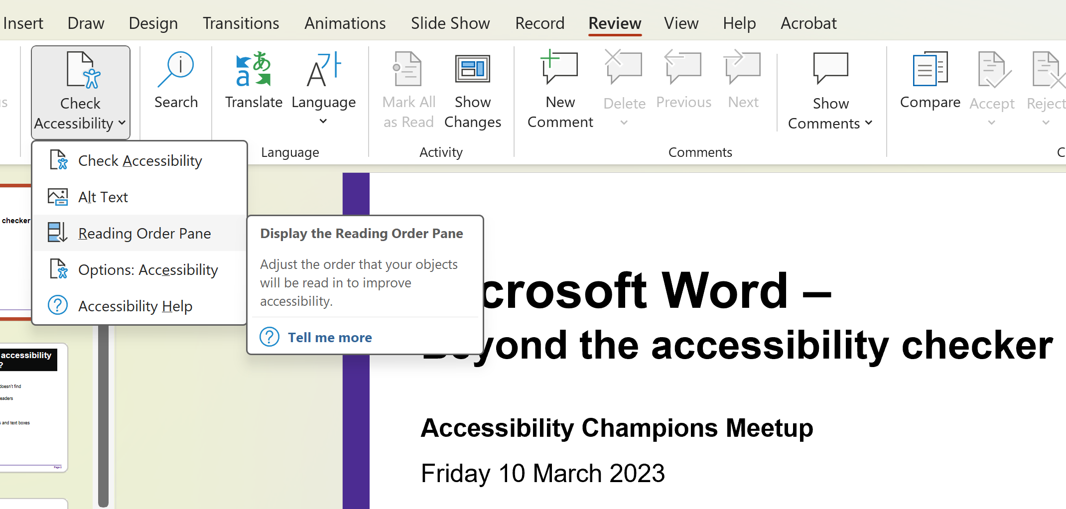 Screenshot of the Review ribbon with the Check Accessibility menu open and Reading order pane highlighted.