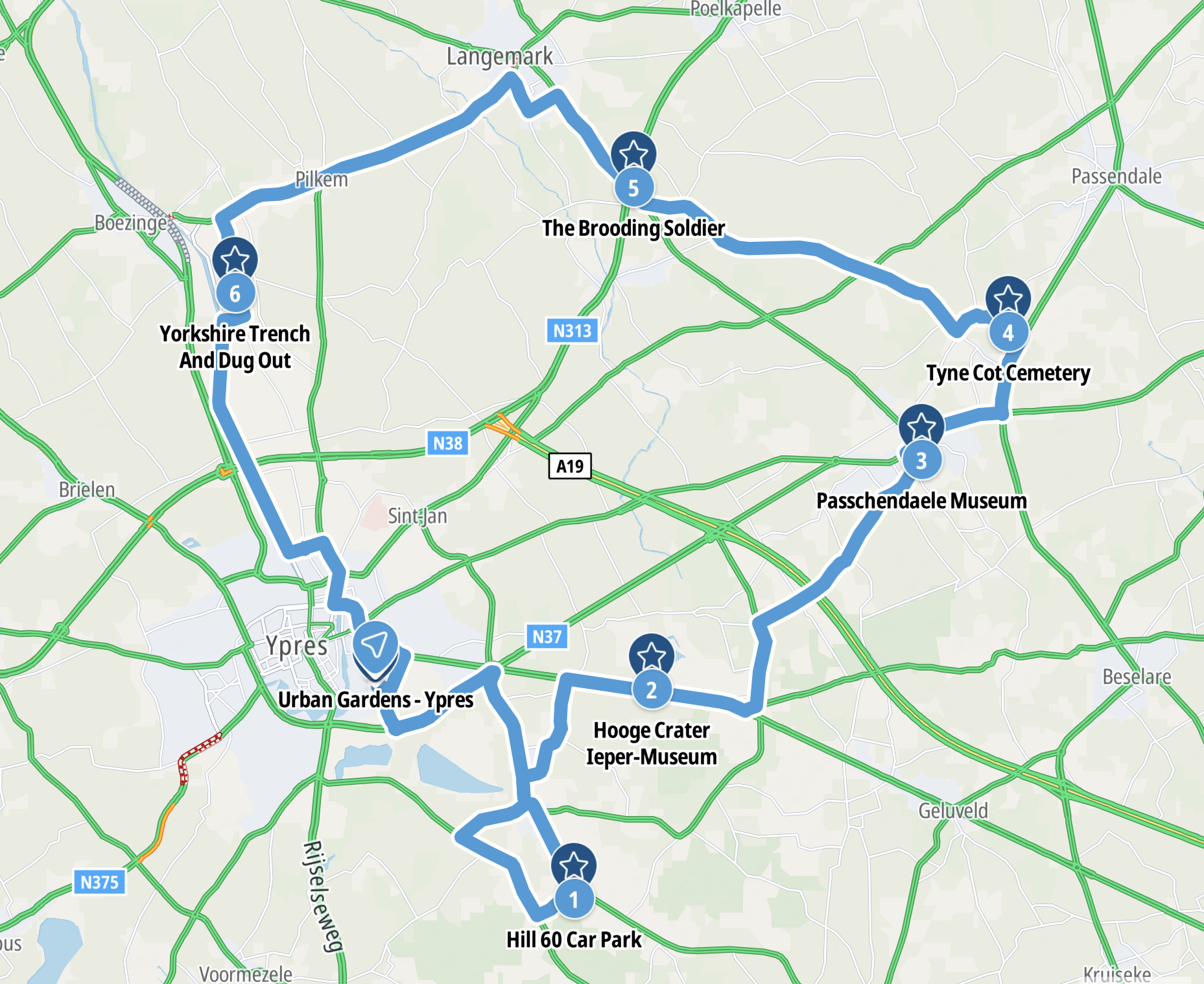 Map showing route around the outskirts of Ypres for visits