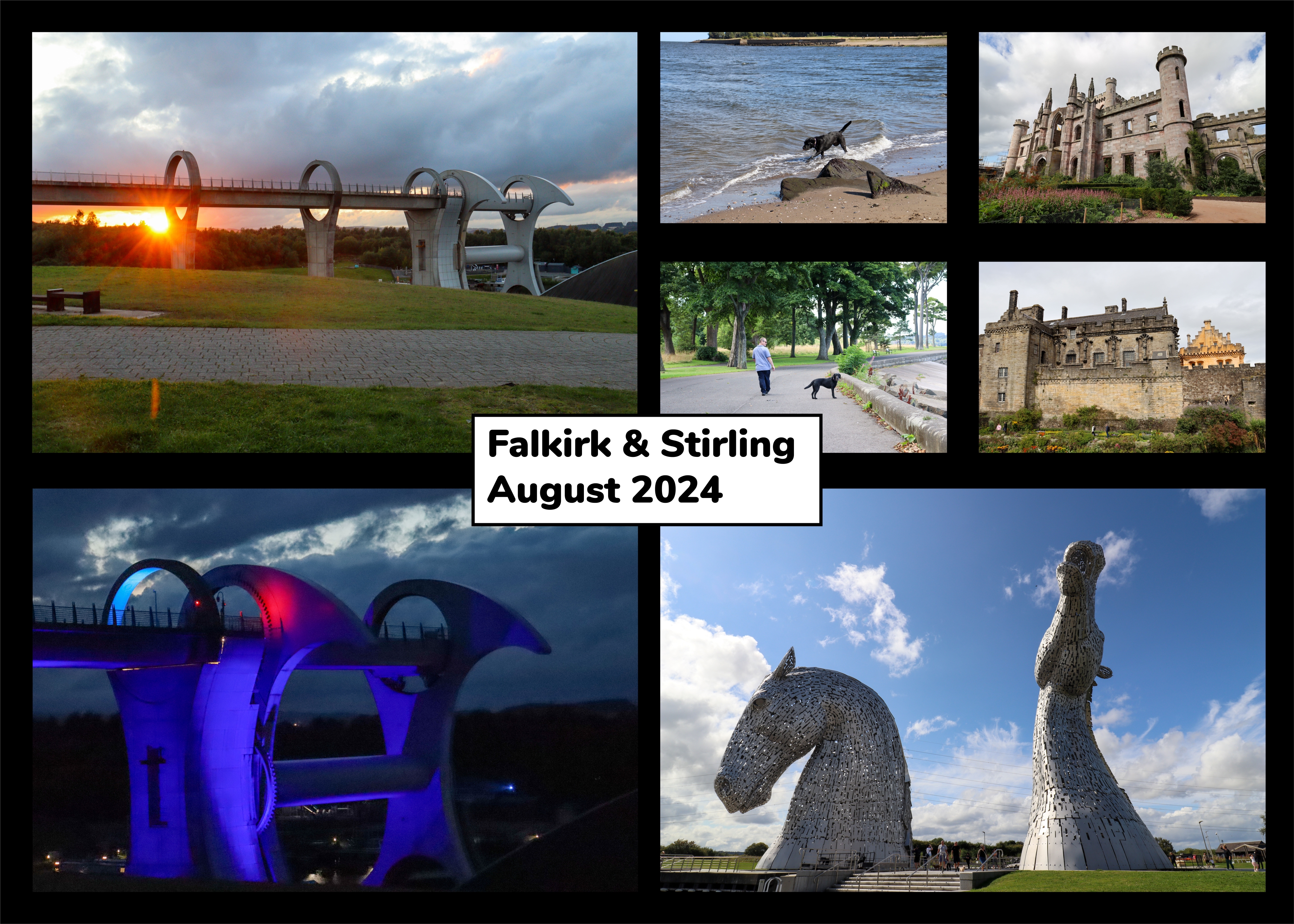 Collage of photos of Falkirk and Stirling, August 2024, including: the Falkirk Wheel, the Kelpies, Stirling Castle and Silverknowes Beach.