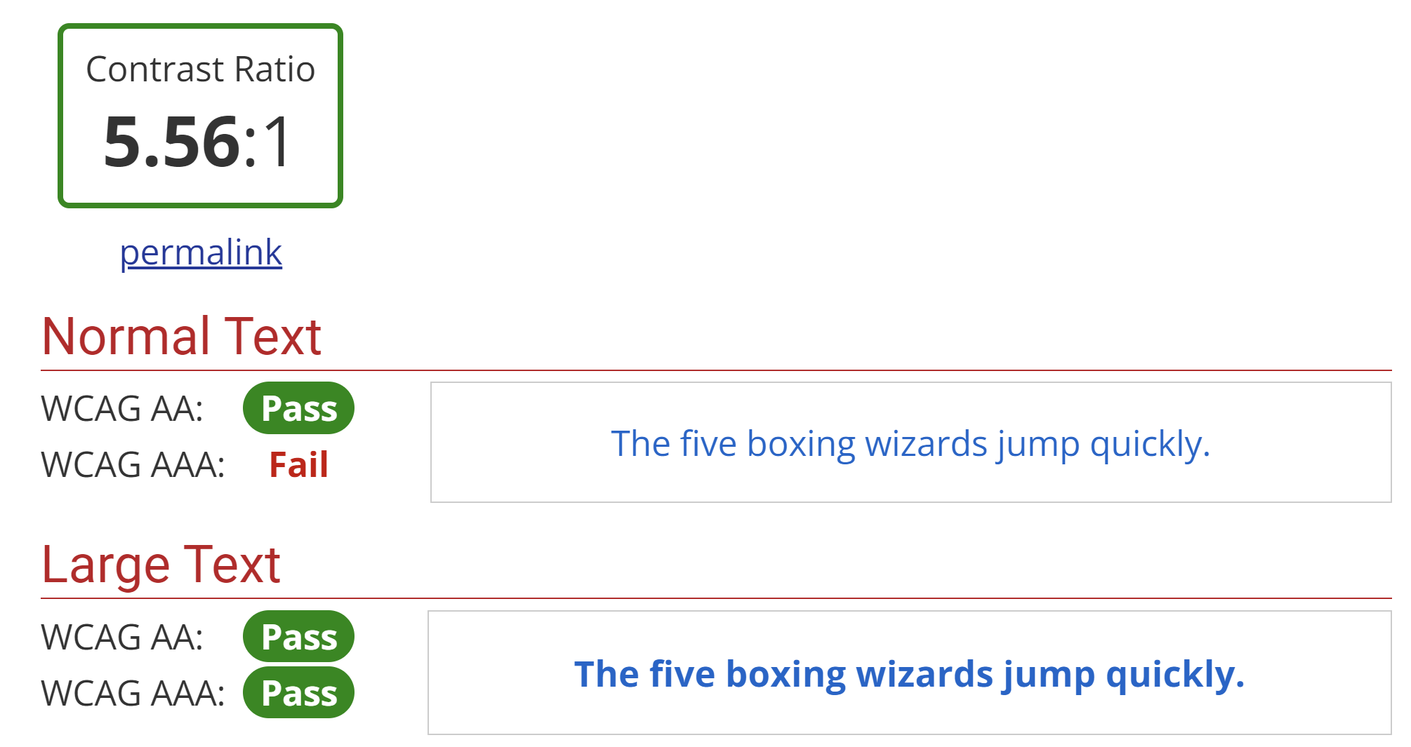 Blue text on white background check, showing a pass for both normal and large text at AA level