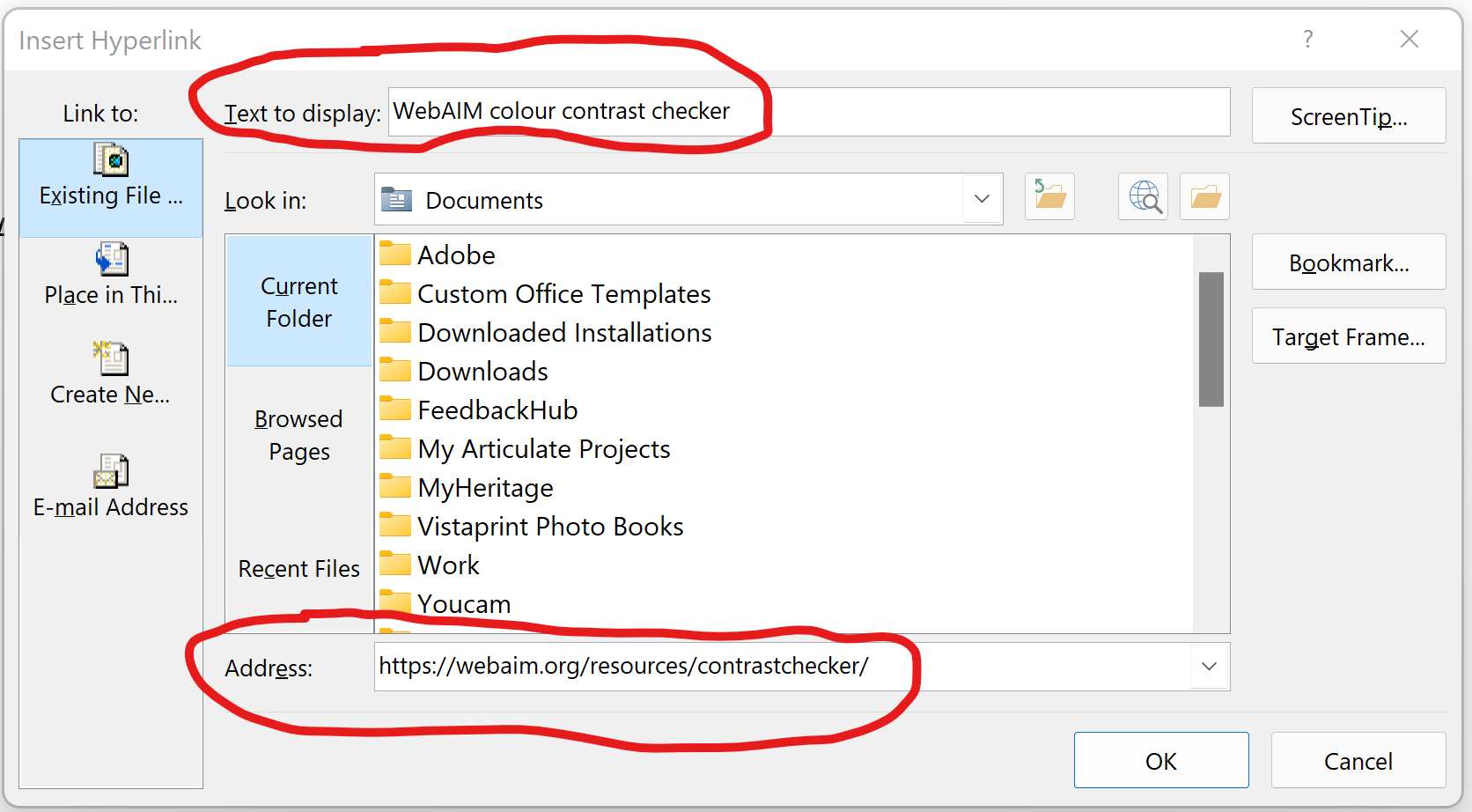 Screenshot of the Edit Link box in Microsoft Word, with the link text and URL fields circled in red