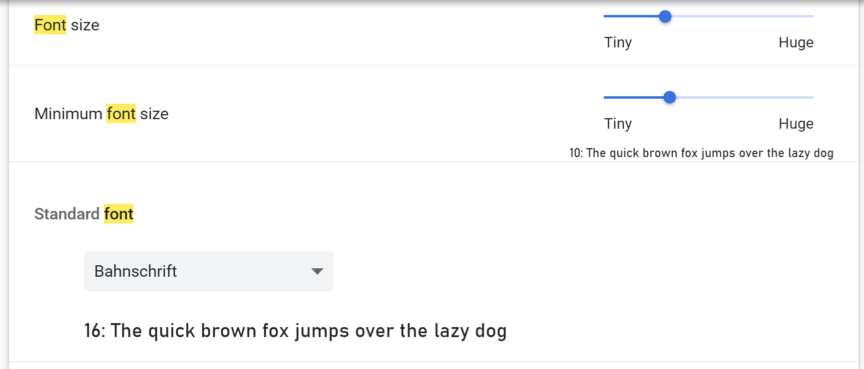 Screenshot of font settings showing size set to 16 and Bahnschrift font