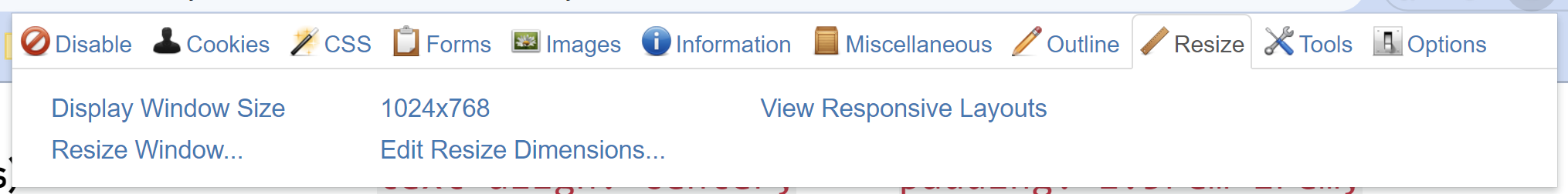 Web developer toolbar set to the resize tab