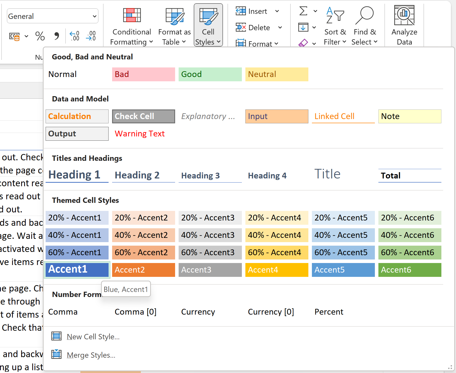 Screenshot of Excel cell styles menu showing multiple formatting options