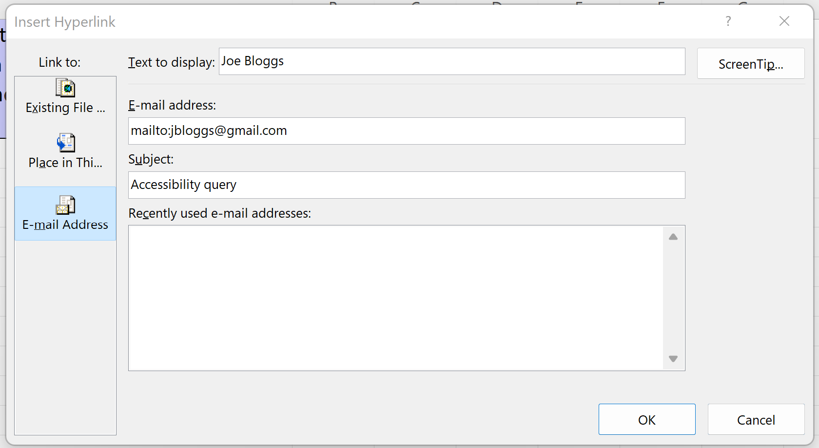 Screenshot of edit link box for email, showing the person's name, email address and subject