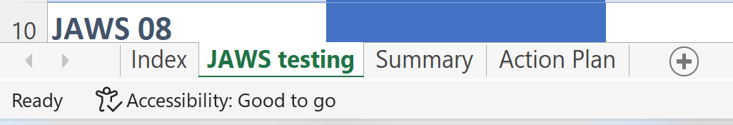 Screenshot of the bottom of an Excel spreadsheet, showing sheet names, index, JAWS testing, summary and action plan